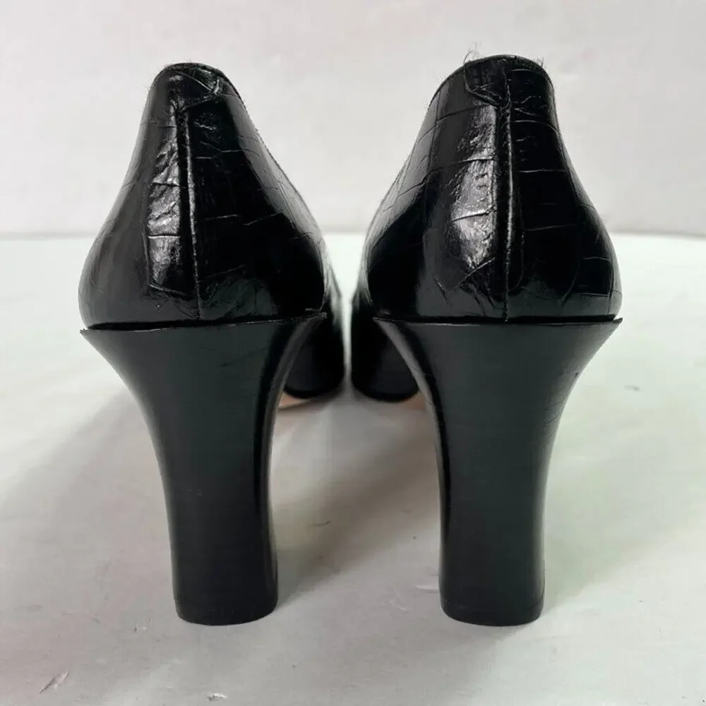 Ralph Lauren Pumps Womens 7AA Black Croc Print High Heel Square Toe Spain Made